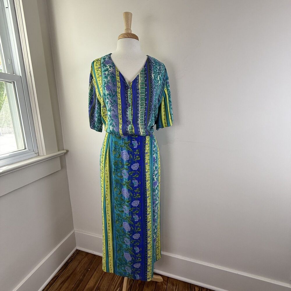 Vintage Plus Size Floral Boho Abstract 2-Piece Skirt & Blouse Set, Size 18/20